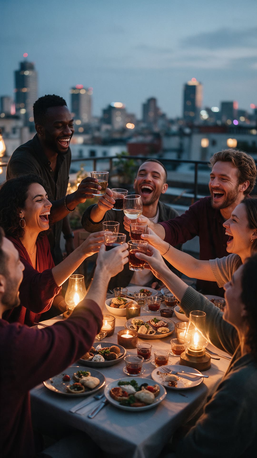 Çatıda akşam yemeğinde kadeh kaldıran altı kişi / Six people toasting at a rooftop dinner
